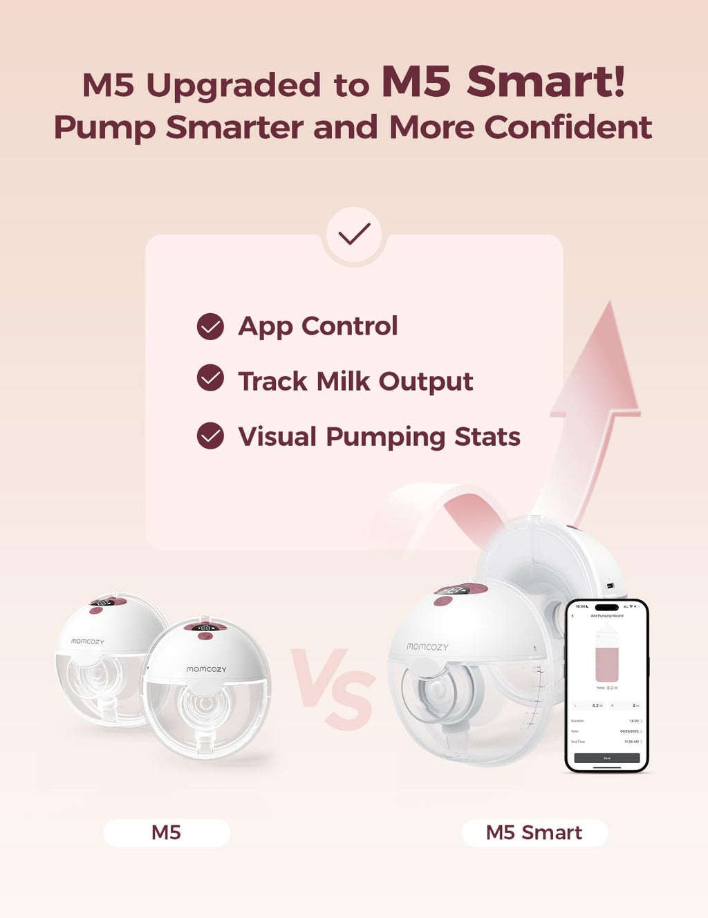 M5 Smart APP Controlled Wearable Breast Pump, 2-Pack Cozy Red