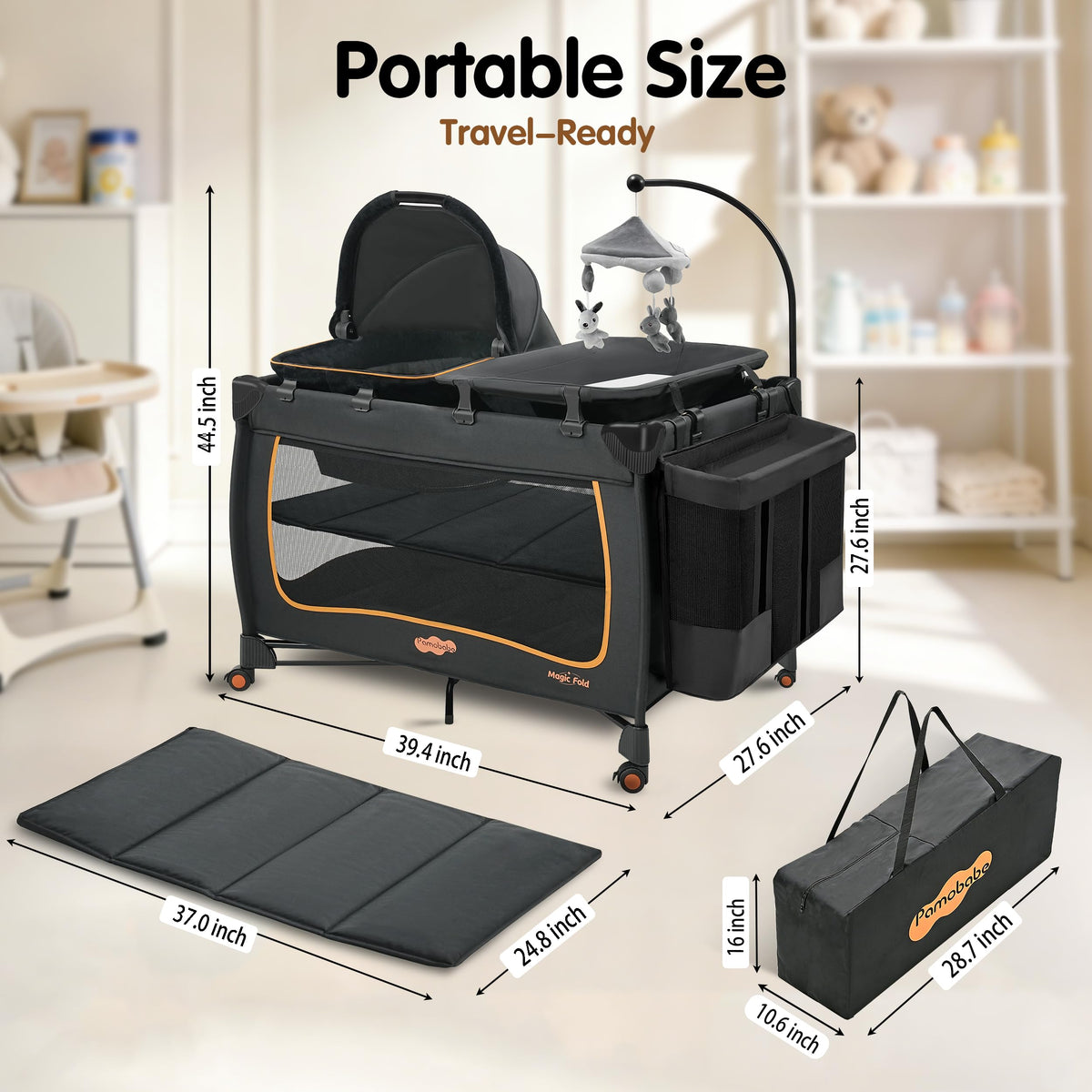 6 in 1 Baby Pack and Play with Bassinet - One-Step Setup Travel Crib, Small Portable Playpen for Babies, Portable Baby Bassinet, Changing Table, Toys Bar & Extra Large Storage Bag