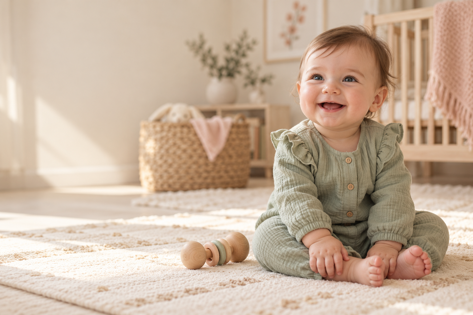 Smiling baby in a warm pastel nursery